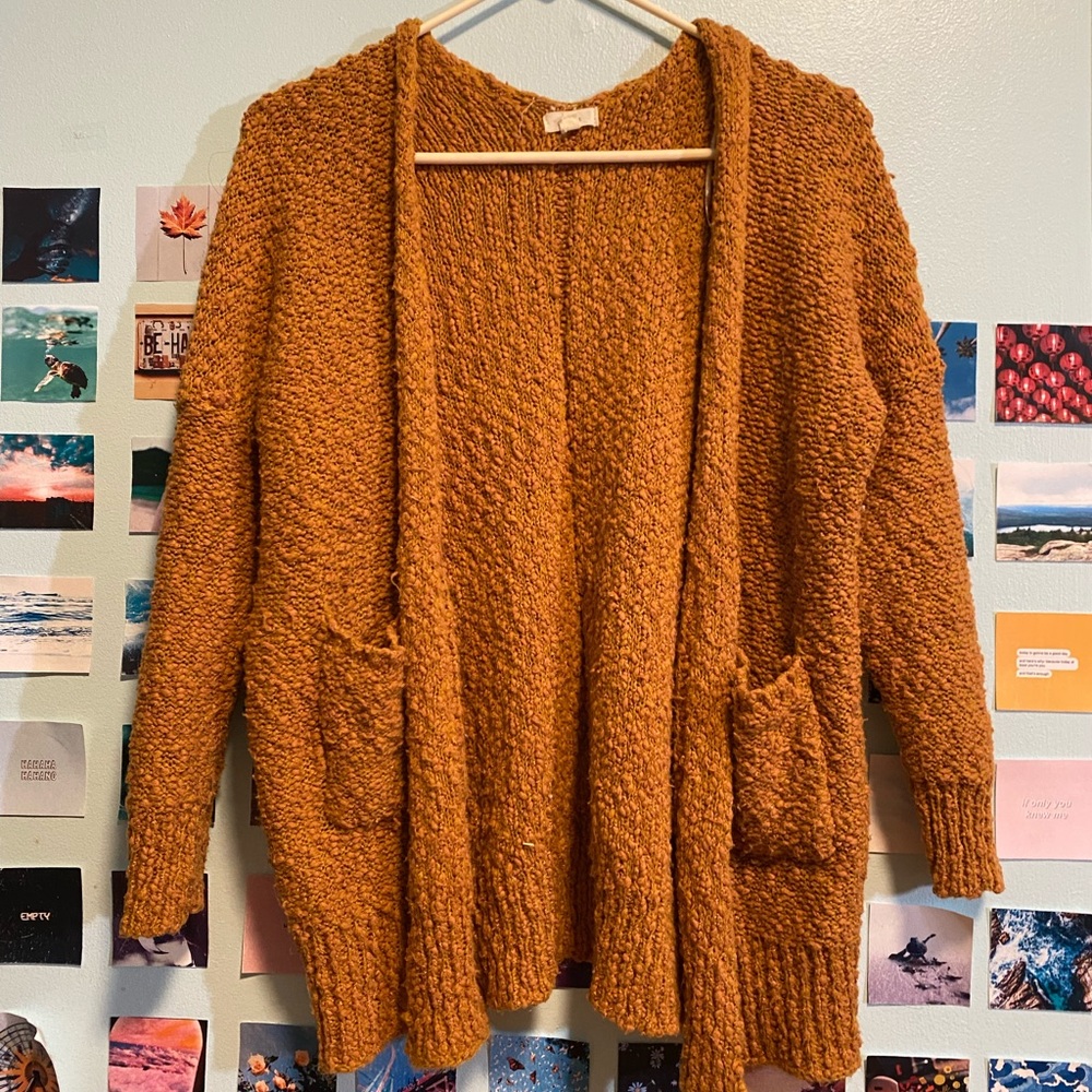 Soft knitted ochre slouchy cardigan with pockets